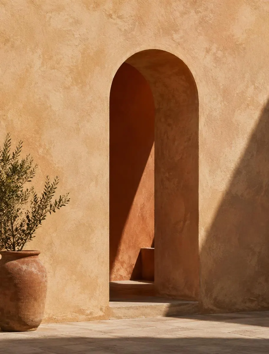 Arco in muratura chiara illuminato dalla luce del sole