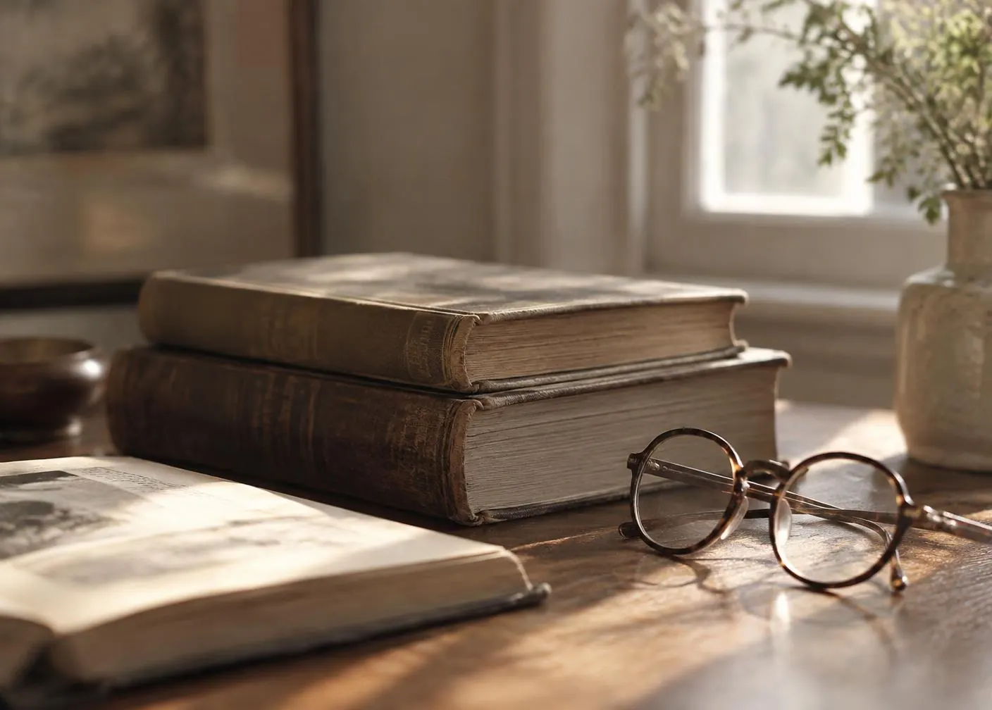 Libri e occhiali da lettura su una scrivania in legno